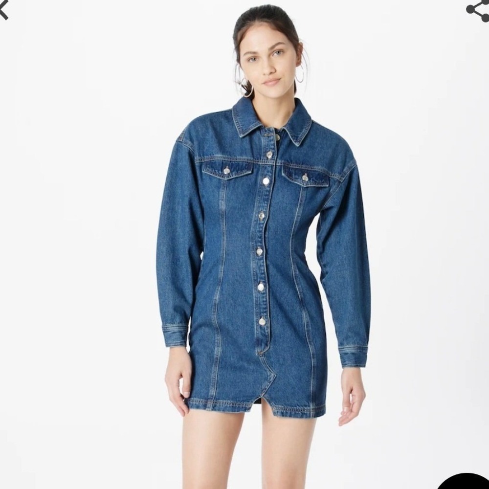Topshop Womens Blue Denim Button Front Mini Dress Long Sleeve
